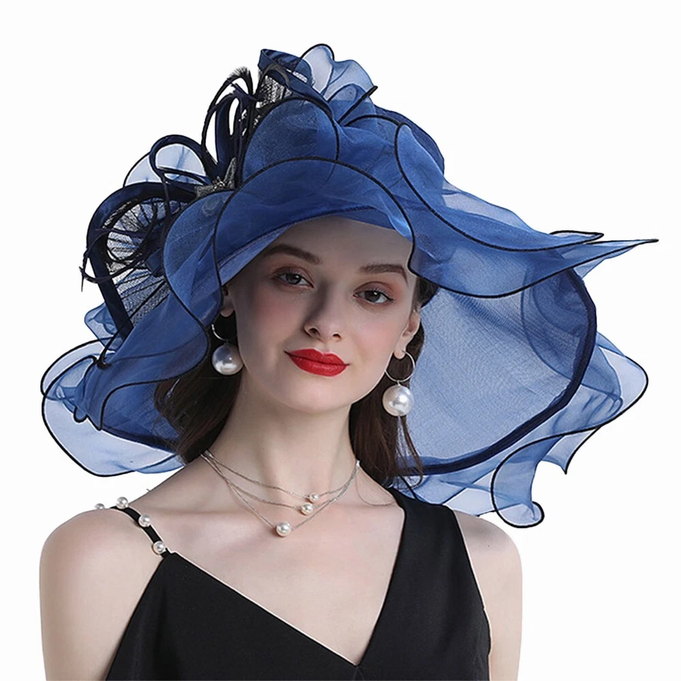 Sombrero de cóctel azul marino fiesta de té iglesia fedoras vestido de novia sombreros de organza Foto 1 de 2