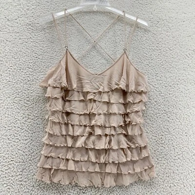 Camiseta sin mangas Expess L beige nude caqui cruzada con correa de espagueti con volantes 100 % seda Foto 1 de 4