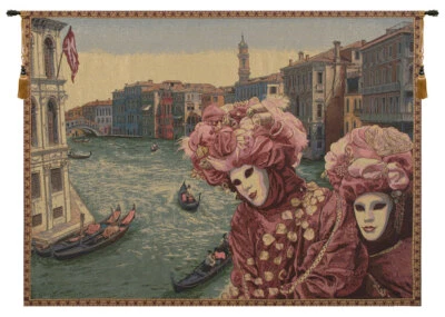 View with Masks Italian Tapestry | Venetian Carnival Jacquard Wall Art - Image 1 of 4