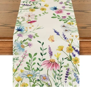 Daisy Eucalyptus Lavender Floral Leaves Summer Table Runner, Spring Kitchen Dini - Picture 1 of 12