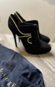 Ralph Lauren Purple Label Black Suede Lace Up Stiletto Heeled Booties Cutout 7 - Picture 1 of 17