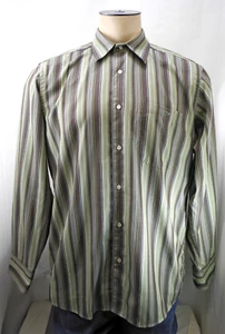 Lacoste Green Brown Striped Brushed Cotton Long Sleeve Dress Shirt - Men's 42 - Picture 1 of 6