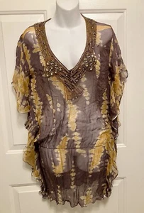 NWT Kareenas Top Women’s Small Brown Gold Kaftan Cover Up Swim Silk Beaded Shirt - Picture 1 of 7