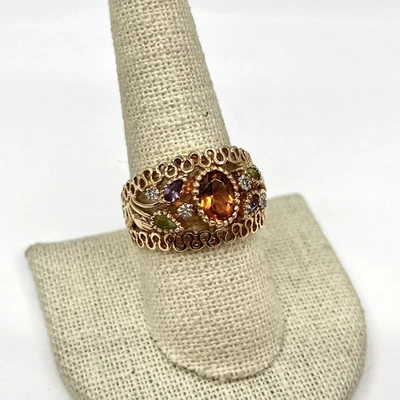 14k 黄金 Adwar 黄水晶 Peridot 紫水晶花卉圆顶戒指 尺寸 (1709036-31) — 第 1/4 张图片