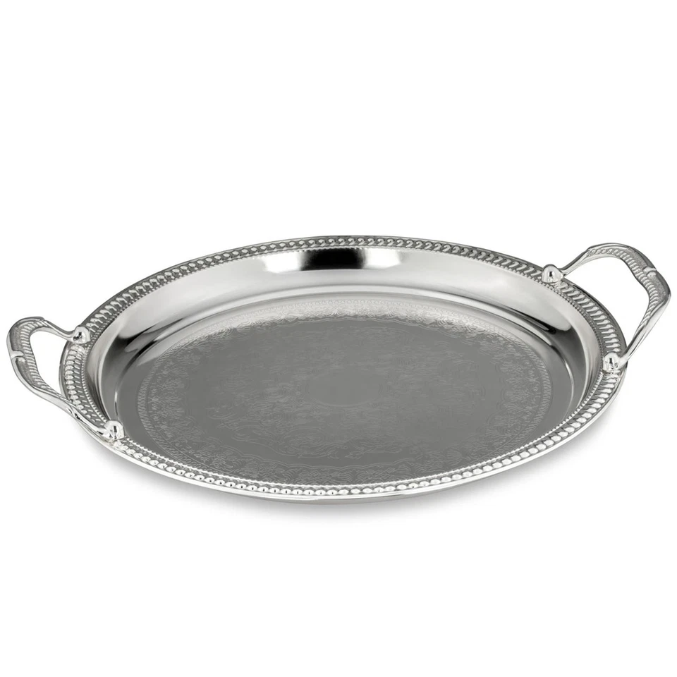 großes rundes verziertes versilbertes Tablett Ø 32.5 cm mit Griffe - Bild 1 von 1