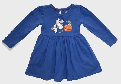 Mini Boden Apliques Camiseta Vestido Niñas Talla 2-3 Azul Largo SL Otoño Conejito Calabaza Foto 1 de 4