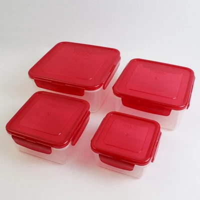 Set of 4 Lock & Lock 410 ml to 2 L Plastic Food Storage Containers Red Lid - Image 1 of 4