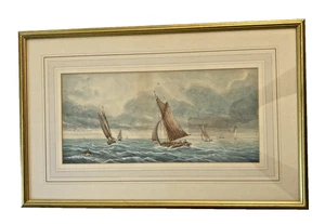 Antique Watercolour Painting Seascape with Boats / Ships Mounted & Framed Signed - Picture 1 of 22