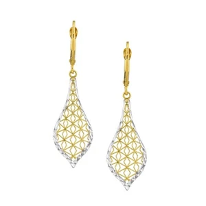 Filigree Dangle Earrings 14K Solid Two Tone Gold Diamond Cut Leaf Drop Earrings - Picture 1 of 6