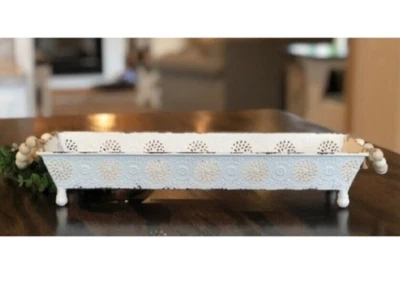 NEW Shabby WHITE TRAY Metal Cottage Bead Handles Tabletop Farmhouse 2.75"x15"x5" - Image 1 of 2