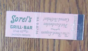 CARATTERISTICA COPERTINA LIBRO FIAMMIFERI: SOREL'S GRILL BAR JACKSON HEIGHTS NYC MATCHCOVER -C26 - Foto 1 di 1