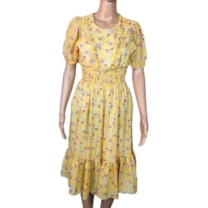 Vintage Floral midi dress Sze 10 yellow Peasant prairie ruffled hem tiered 80's - Picture 1 of 3