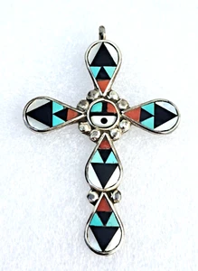 Floenda Lonasee Zuni Sterling Silver Multi Stone Inlay Cross Pendant - Picture 1 of 16