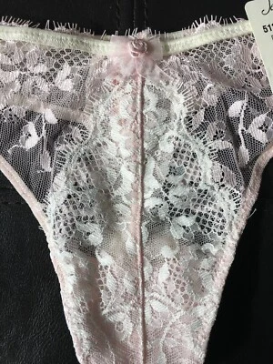 Jezebel 51269 Vintage NWT Mesh Lace Thong XL Pink White Nylon Spandex - Image 1 of 4