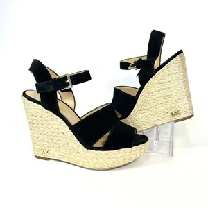 Michael Kors Black Suede Leather Espadrille Ankle Strap Wedge Heels Size 7M - Picture 1 of 8