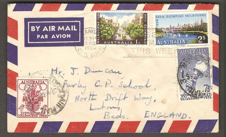 Cubierta postal de los Juegos Olímpicos de Melbourne Australia 1956 Coolangatta QLD a GB/Reino Unido Foto 1 de 1