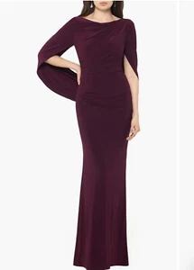 BETSEY AND ADAM Cape Long Sleeve Trumpet Long Gown Dress Maroon Drape Size 6 - Picture 1 of 18
