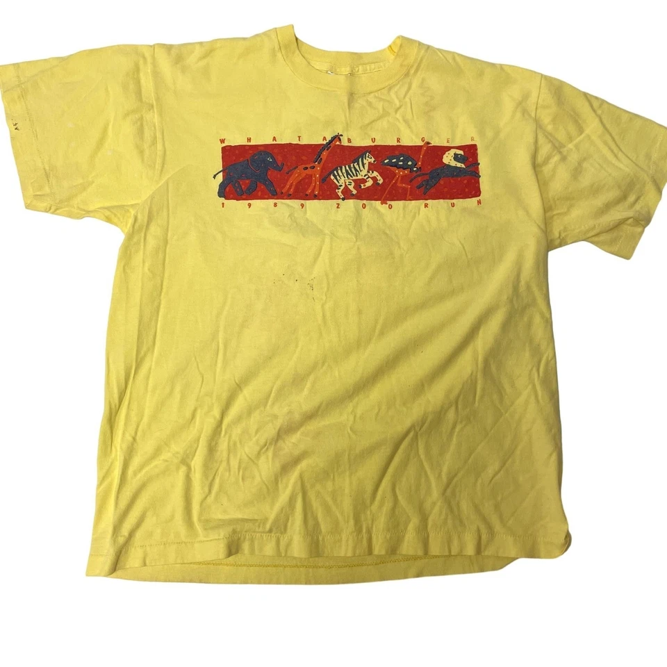 Camiseta De Colección Años 80 Amarilla 1989 WHATABURGER 93Q Zoo Run Houston Tx Country Station Foto 1 de 4