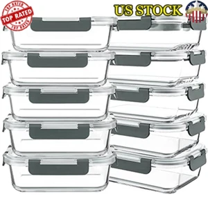 Glass Meal Prep Containers 30 Oz 10 Pack Airtight Bento Boxes Lunch Storage Gray - Picture 1 of 7