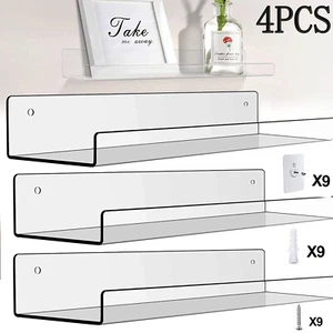 4 Pack 15" Acrylic Floating Shelves Wall Mounted Home Clear Organizer Display - Picture 1 of 15