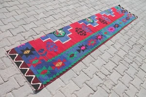 2x10 ft Handmade Turkish Runner: Red & Blue Wool Bohemian Hallway Rug - Picture 1 of 10
