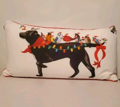 Elm & Iron Birds On Dog White 24x12" Lumbar Pillow Creative Co-op  - Image 1 of 4