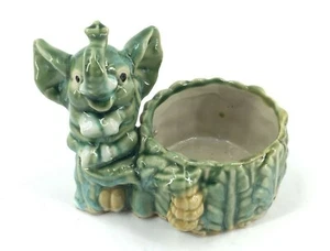Vintage Majolica Glazed Ceramic Elephant Planter Nut Dish Green Trunk Up Lucky - Picture 1 of 12