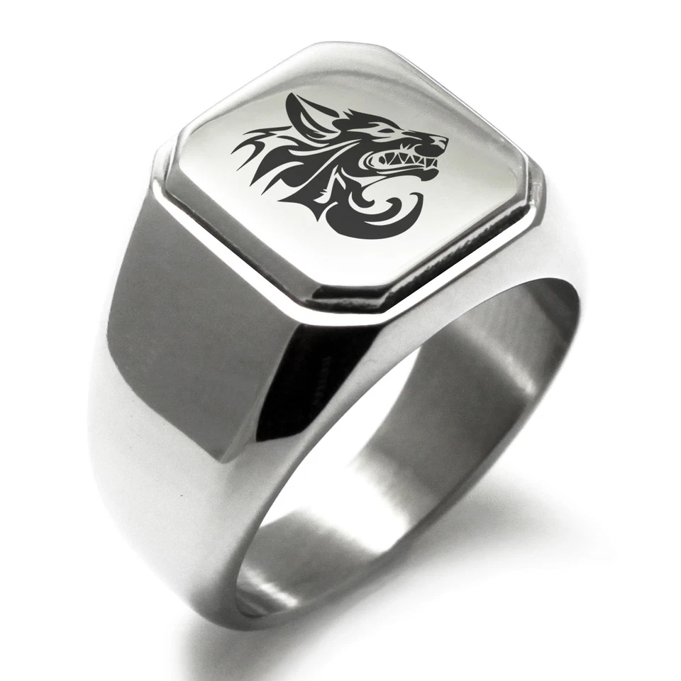 Stainless Steel Tribal Wolf Design Mens Square Biker Style Signet Ring - Image 1 of 1