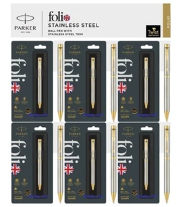 6 X New Parker Folio Stainless Steel Gold Trim GT Ballpoint Pens, Twist Action - Picture 1 of 4