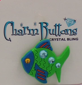 Croc Charm - Charm Buttons Crystal Bling Green Fish - Picture 1 of 2