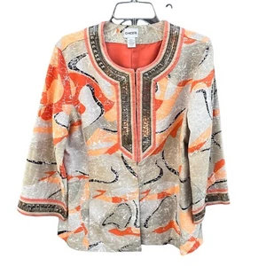 Chicos Embellished Lined Jacket Orange Tan Geometric Size 2 - Picture 1 of 7