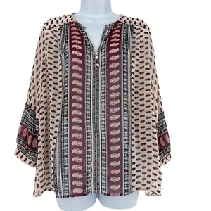 Fun2Fun Boho Print Popover Shirt 3/4 Sleeve V-neck Sheer Top NWT Size Small - Picture 1 of 10