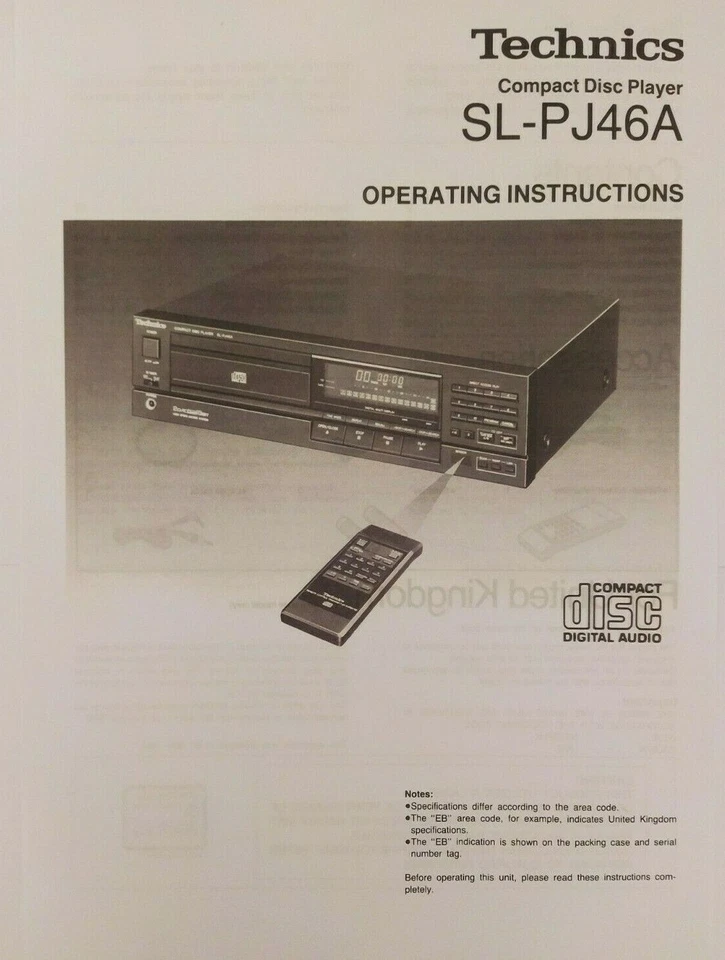Technics SL-PJ46A Compact Disc CD Player - Operating Instructions - USER MANUAL - Image 1 of 1