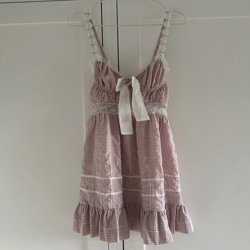 beautiful for love and lemons dress xs pink + white gingham daisy strap details - Image 1 of 4