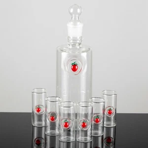 Glas Obstler Set Relief Apfel rot Flasche 24 cm 6 Gläser 7 cm Vintage ReUse - Bild 1 von 6