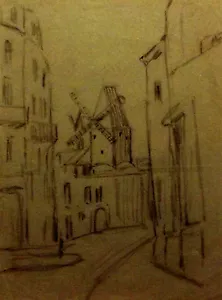 Hildegard Hamilton Pastellzeichnung Straßenszene mit Windmühle - Bild 1 von 4
