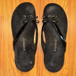Vionic Bella II Patent Leather Black Thong Bow Arch Support Sandal Sz 9.5 - Picture 1 of 4