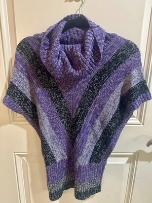 Cowl Neck Purple and Gray Striped Knit Poncho Sweater Size M - Image 1 of 4