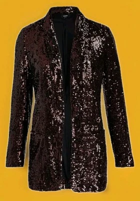 ¡NUEVO CON ETIQUETAS! Cárdigan Blazer Express Marrón Lentejuelas Frente Abierto Novio! Talla M Foto 1 de 4