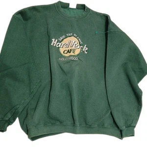 Vintage 90s Hard Rock Cafe Hollywood Green Crewneck Sweater Sz L 26tall 24pit - Picture 1 of 6