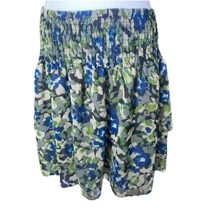 DKNY Jeans Skirt Sz XL Blue Green Tiered Ruffle Chiffon Smocked Elastic Waist - Picture 1 of 11
