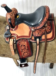 Western Barrel Racing Horse Saddle Floral Tooled Leather Tack Set Silver Conchos - Imagen 1 de 7
