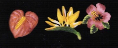 Lot of 3 Vintage Buttons Covers Hand Painted Hibiscus Lily Bird of Paradise - Image 1 of 4