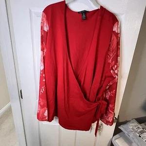 NWT Alfani  Wrap Red Sweater W/Sheer Printed Bell Sleeves 3X Business Casual - Picture 1 of 10