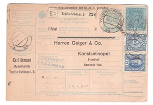 TEPLITZ SCHONAU CZECHOSLOVAKIA 1917 PARCEL CARD TO TURKEY - Picture 1 of 2