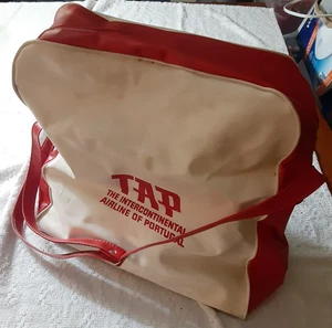 Vintage TAP Airline Portugal Red White Vinyl Messenger Flight Bag Promo 12x11x5" - Picture 1 of 6