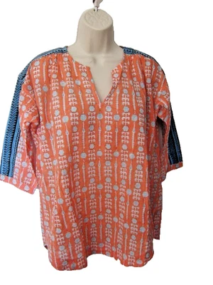 NWOT Roberta Roller Rabbit Orange and Blue V neck Top Tunic Sz M - Image 1 of 4