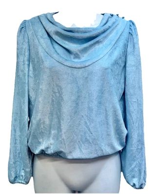 VTG That’s It! Women Size M Pullover Long Sleeve Cowl Neck Top Baby Blue Velour - Image 1 of 4