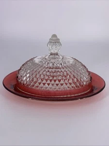 Antique ruby red Indiana glass oval butter dish with diamond point Vintage - Picture 1 of 17