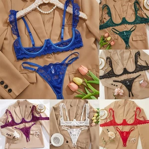 Women Lace Half Cup Bra Set Sexy Lace Bra Open Crotch Panties Underwear Set ∫ - Picture 1 of 30